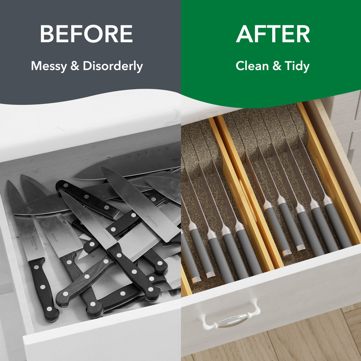 Knife Drawer Organizer Bamboo Insert Dock, Kitchen Steak Knife Holder Block for Drawer Storage and Organization, Small